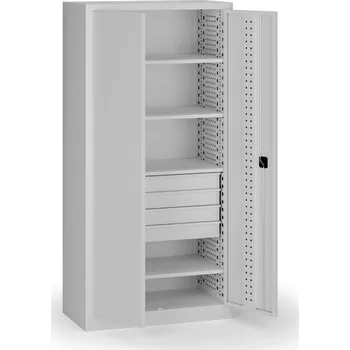 B2B Partner Policová dílenská skříň 2-dveřová, 4 police + 4 zásuvky, 1950 × 950 × 500 mm, šedé dveře