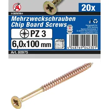 Šroub Víceúčelové šrouby křížové PZ3 6,0 x 100 mm 20 ks (BGS1080975) (Víceúčelové šrouby s křížovou drážkou PZ3 o rozměru 6,0 x 100 mm jsou vhodné pro dřevo i kov, balení obsahuje 20 kusů. Robustní provedení zajišťuje pevné spojení při montáži.)