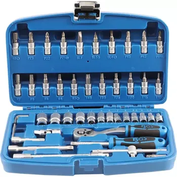 Socket Set | 6.3 mm (1/4") drive | 46 pcs. (BGS102128) (Sada obsahuje 46 dílů s 6,3mm (1/4") ráčnou, nástavci a bity, vhodná pro práci s menšími šrouby a matkami v domácnosti i dílně. Robustní kufřík usnadňuje přenášení a udržuje nářadí přehledně usp
