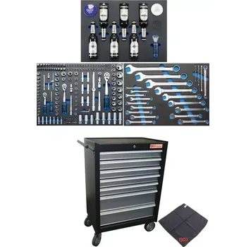 Dílenský montážní vozík. BGS104104. 7 zásuvek s vybavením 215 dílů (BGS104104) (vozík montážní pojízdný, 7 zásuvek, rozměry 680 × 458 × 1000 mm)