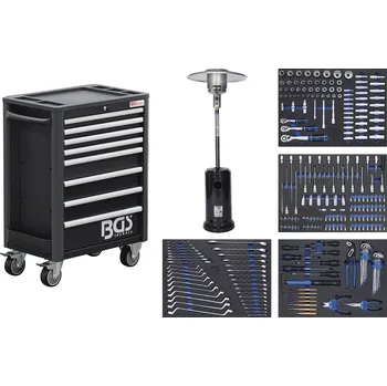Dílenský vozík Profi Exclusive BGS104208 (8 zásuvek s 255 ks nářádí) a terasový PB ohřívač (BGS104208) (vozík, 255 ks nářadí, 1x PB ohřívač)
