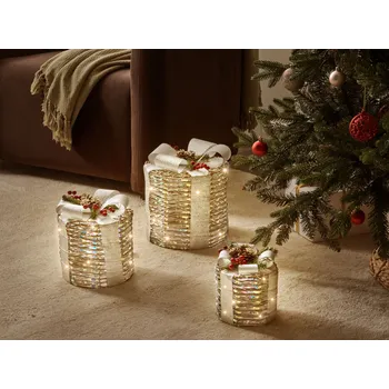 Vánoční dekorace Sada 3 vánočních ozdob s LED světly stříbrná vánoční dárky s mašlemi výzdoba interiéru Beliani