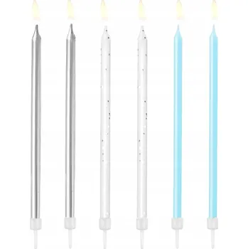 Dortová svíčka SVÍČKY NA DORT K NAROZENINÁM MODRÉ STŘÍBRNÉ DLOUHÉ 6 KS