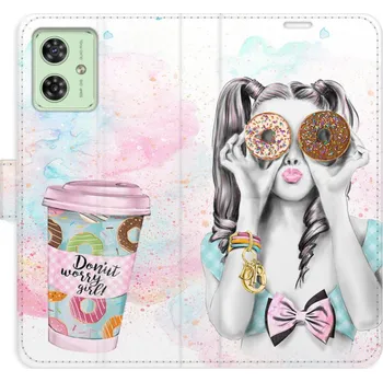 Pouzdro na mobilní telefon Flip pouzdro iSaprio na mobil Motorola Moto G54 5G - Donut Worry Girl s kapsičkami na karty (Knížkové flipové pouzdro iSaprio pro mobil Motorola Moto G54 5G - Donut Worry Girl - elegantní obal s kapsami, stojánkem a magnetickým zavíráním)