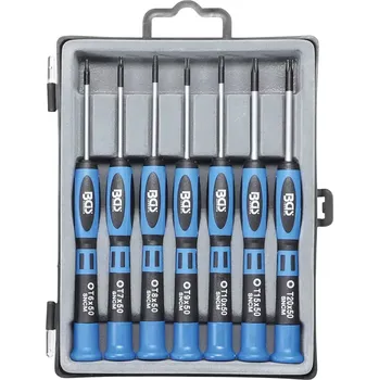 Šroubovák Sada přesných šroubováků T-profil (pro Torx) 7díln (BGS107967) (Sada přesných šroubováků T-Star obsahuje 7 kusů pro Torx šrouby, ergonomické rukojeti usnadňují manipulaci a přesné hroty zajišťují spolehlivé šroubování. Vhodné pro jemnou práci v elektronic