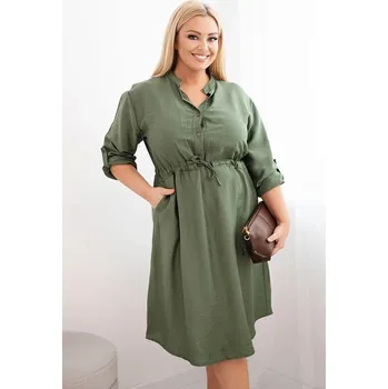 Dámské šaty Dámské šaty z viskózy Plus Size s knoflíky a vázáním v pase khaki UNI