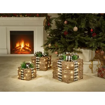 Vánoční dekorace Sada 3 ratanových svítících vánočních dárků hnědá LED světla vánoční dekorace s mašlemi venkovní použití Beliani