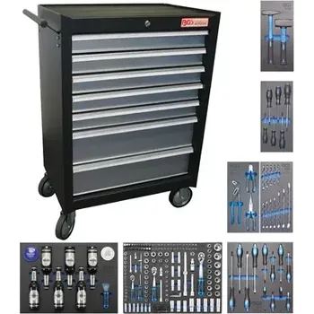 Dílenský vozík | 7 zásuvek | se 227 nástroji (BGS104069) (Dílenský vozík s 7 zásuvkami obsahuje 227 nástrojů, které jsou přehledně uspořádané a snadno dostupné pro každodenní práci v dílně. Robustní konstrukce a kolečka umožňují jednoduchý přesun i při pl