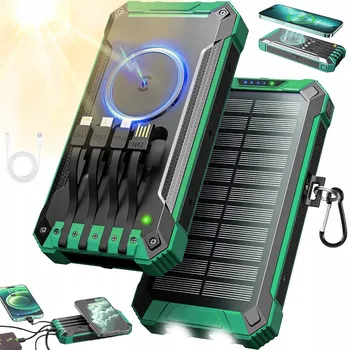 Powerbanka 26800mAh Solární Powerbanka Bezdrátová 4 Kabely 3 Porty 2 LED Zelená