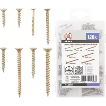 Šroub Sada víceúčelových šroubů | křížová drážka PZ2 | 1 (BGS1088190) (Sada obsahuje 120 víceúčelových šroubů s křížovou drážkou PZ2, které jsou vhodné pro různé montážní práce v domácnosti i dílně. Praktické balení usnadňuje výběr správného rozměru a organizac