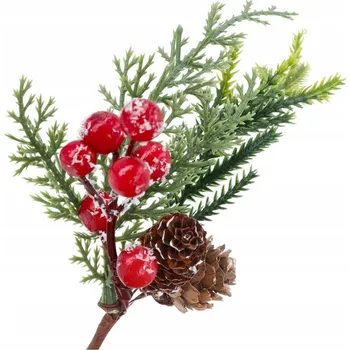 Vánoční dekorace VÁNOČNÍ VĚTVIČKA JEŘABINA ČERVENÉ KULIČKY DEKORACE 21 CM