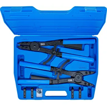 Kleště Kleště 400 mm na vnitřní/vnější rozpěrné kroužky BGS100478, výměnné čelisti. Sada 8 dílů (BGS100478) (ráčnové kleště, vnitřní a vnější segerovy kroužky, výměnné hroty - rovné a vyhnuté)