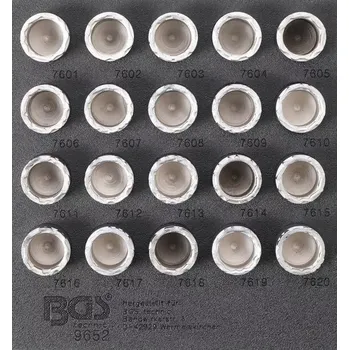 Nářaďový modul 1/6 - BGS109652 Zástrčné hlavice 19 mm pro bezpečnostní šrouby pro Volvo Sada 20 dílů (BGS109652) (Sada dvaceti zástrčných hlavic 19 mm je určena pro bezpečnostní šrouby vozidel Volvo, kompatibilní s nářaďovým modulem 1/6 BGS109652. Robustn