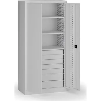 Dílna B2B Partner Policová dílenská skříň 2-dveřová, 3 police + 7 zásuvek, 1950 × 950 × 500 mm, šedé dveře