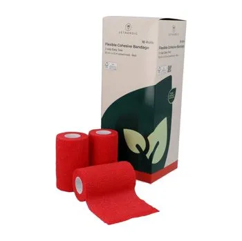 Elastické kohezivní obinadlo/bandáž, coban, snadné trhání oběma směry červené, 10 cm x 4.5 m, 10 kusů