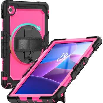 Pouzdro na tablet Strap odolný kryt s držákem na ruku a ramenním popruhem na Lenovo Tab 10.1 (2025) - černý/rose