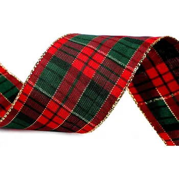 Stuha Károvaná stuha s lurexem šíře 38 mm, střední, 2 zelená tmavá zlatá