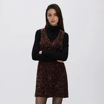 Dámské šaty Reserved - Flitrové mini šaty - hnědá - 110GP-88X - 110GP-88X-XS