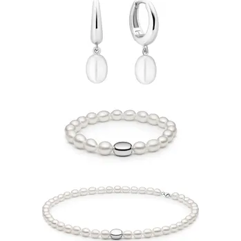 Náhrdelník ANNA PERLY Atraktivní set z bílých rice perel se stříbrnými akcenty