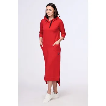 Dámské šaty Červené dámské šaty v midi délce s kapucí a kapsami 7178 velikost 3XL