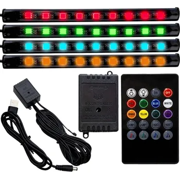 Autožárovka Interlook RGB LED osvětlení interiéru vozu pod USB | Bluetooth připojení s aplikací v telefonu | 4x LED pásek 9 LED 5050 15cm | IR dálkové ovládání | hudební režimy