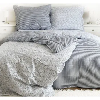 Povlečení Bavlněné povlečení Kvítky + Pruhy modré oboustranné Zapínání: knoflík, Velikost polštáře: 50x70, Velikost přikrývky: 140x200