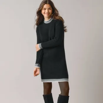 Dámské šaty Úpletové šaty se stojáčkem a kontrastními lemy černá/režná 42/44