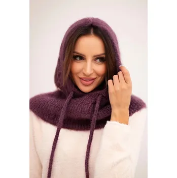 Čepice Dámská čepice s kapucí a pleteným vzorem tmavě fialová UNI