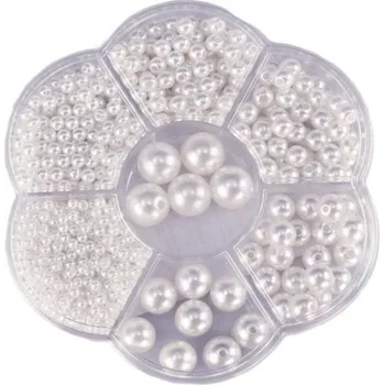 Dětské navlékací korálky Korálky navlékací metalické bílé set 1150ks 3-12mm v plastovém boxu