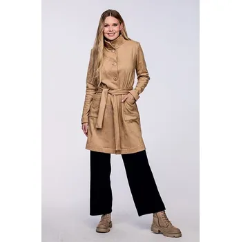 Dámský kabát Delší béžový dámský kabát se stojatým límcem 7622 velikost S