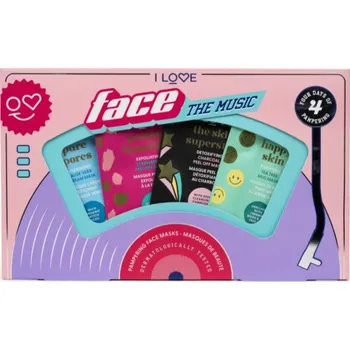 Pleťová maska I Love Face the Music I Love Happy Skin jílová maska s Tea Tree oil 10 ml + I Love Peeling Beautiful slupovací pleťová maska s exfoliačním účinkem 10 ml + I Love Pure Pores hydratační krémová maska 10 ml + I Love Skin Superstar čisticí a detoxikační maska