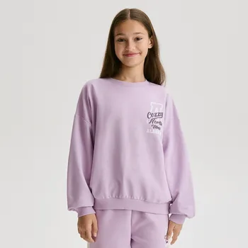 Dívčí mikina Reserved - Bavlněná mikina s potiskem a postranními pruhy - levandulová - 508EG-04X - 508EG-04X-146