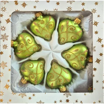 Vánoční dekorace Vánoční skleněné srdce, zelený mat, plastický dekor, 6ks