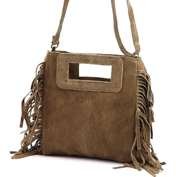 Kabelka Stylová taupe kožená crossbody kabelka s třásněmi