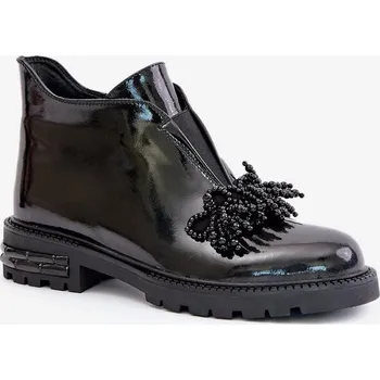 Dámská zimní obuv Kožené Lakované Kotníkové Boty s Ozdobou Zateplené D&A Černé Velikost: 36