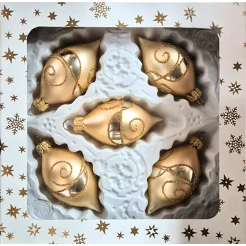 Vánoční dekorace Vánoční skleněné olivy, zlaté, plastický dekor, 5ks