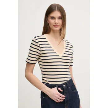 Dámské tričko Bavlněné tričko Tommy Hilfiger dámské, béžová barva, WW0WW40584 08X, vel. S