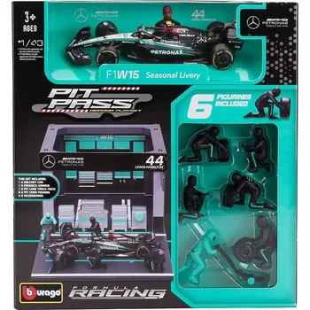 autíčko Mercedes GP 2023 F1 W15 No 44 L.Hamilton Diorama Pit Stop (sběratelský model, určeno pouze k vystavení)