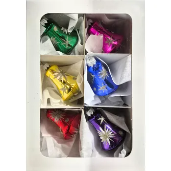 Vánoční ozdoba Vánoční skleněné zvonky, barevné, malovaný dekor hvězd, 6ks