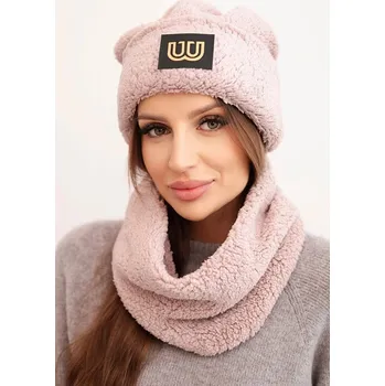 Čepice Dámská polarová souprava čepice a šála s ozdobnou nášivkou tmavě pudrově růžová UNI