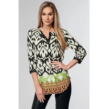 Dámská halenka Volnější béžovo zelená vzorovaná dámská halenka s 3/4 rukávy a légou 7752 velikost S