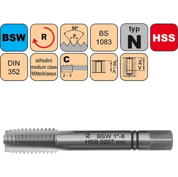 NÁSTROJE CZ Závitník sadový BSW 1-1/4"-7 II střední HSS DIN 352 - CZZ0207-BSW-1-1/4"-7-II