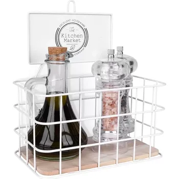 Drátěná police Košík dřevo/kov závěsný hnědý/bílý 21x13x24 cm