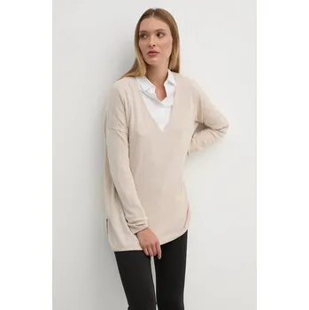 Dámský svetr Svetr z vlněné směsi Pepe Jeans ISELA V-NECK dámský, béžová barva, lehký, PL702220 80X, vel. S