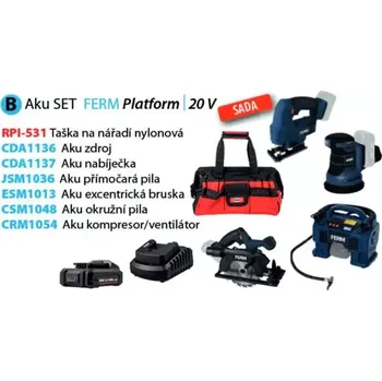 Pila 25000191 Aku sada nářadí B, taška RPI-531, přímočará pila JSM1036, excentrická bruska ESM1013, okružní pila CSM1048, kompresor CRM1054, z