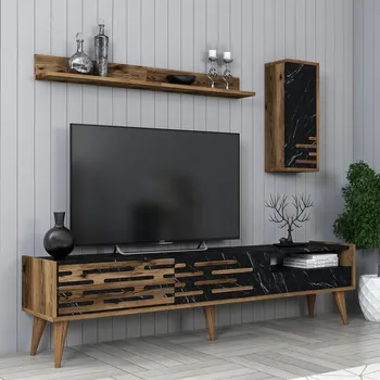 Televizní stolek TV stěna / Sestava pod TV Valensiya - Walnut, Black, Marble