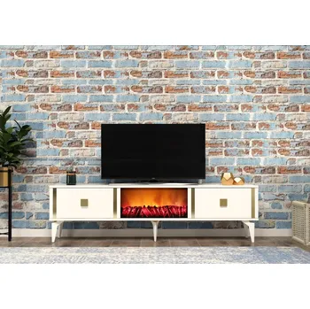 Televizní stolek TV stolek Doruk Fireplace - White, Gold