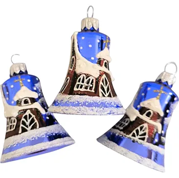 Vánoce Vánoční skleněné zvonky, modrý lesk, zimní motiv, 6ks