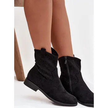 Dámské kozačky Dámské kotníkové boty na nízkém podpatku s perforovaným vzorem S.Barski HY52-530 Barva: Černá, Velikost: 38