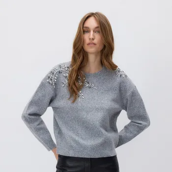 Dámský svetr Reserved - Svetr s ozdobnými aplikacemi - světle šedá - 660HO-09M - 660HO-09M-L